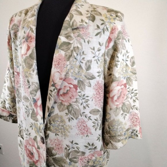 Joanna Sport Women Jacket Beige Floral Boyfriend Blazer Size Medium Vintage Rose - Picture 7 of 12